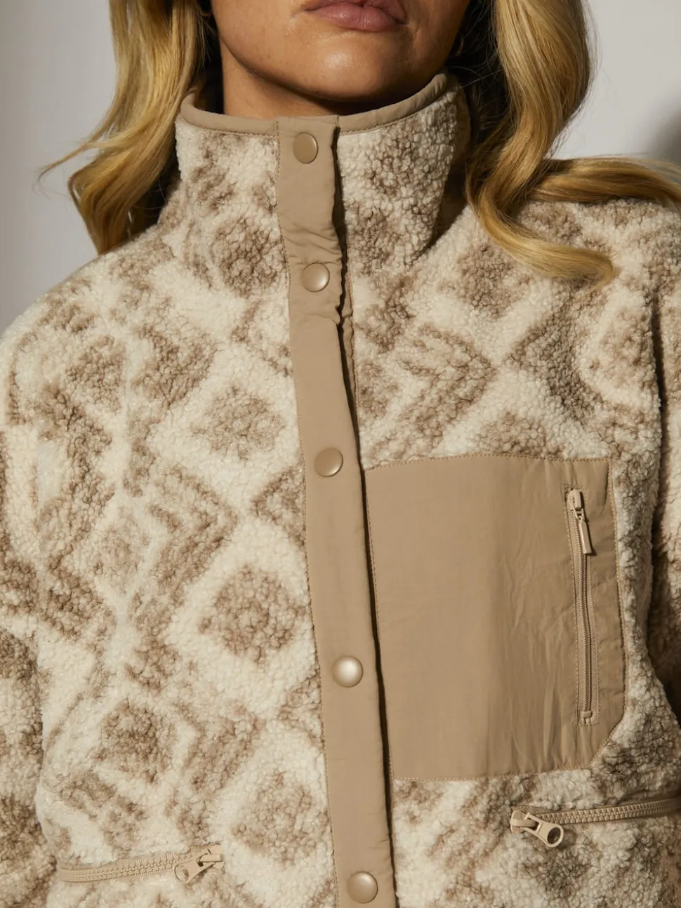 South Beach Cream Print Oversized Borg Zip Jacket With Pocket