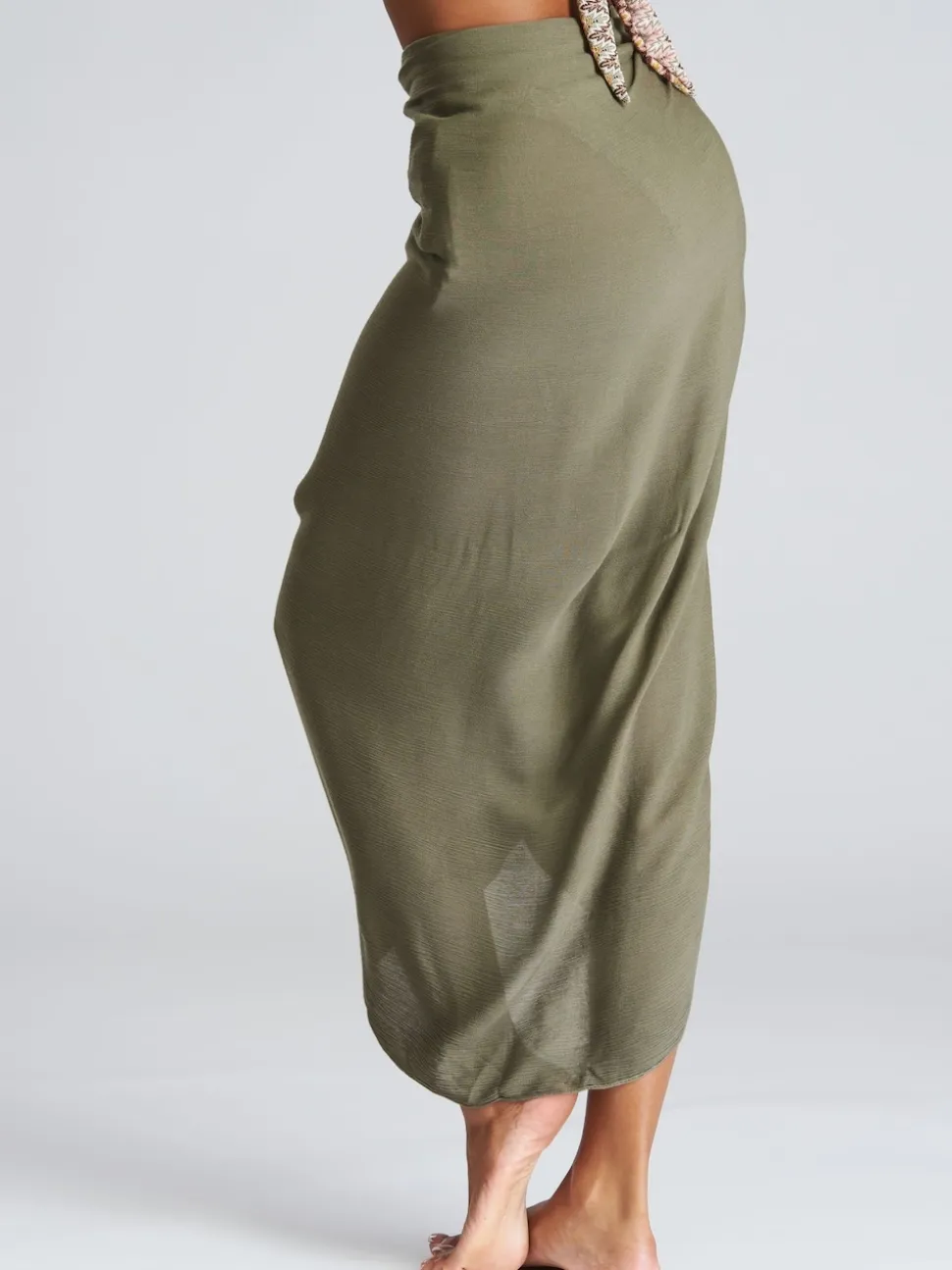 South Beach Khaki Crinkle Viscose Fringed Sarong Cover-Up