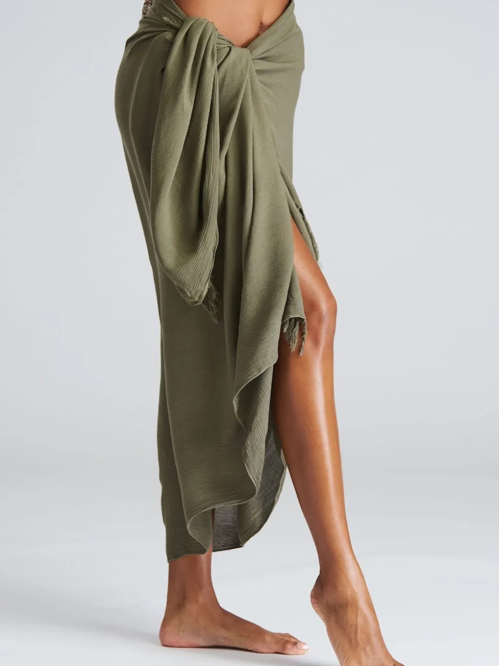 South Beach Khaki Crinkle Viscose Fringed Sarong Cover-Up