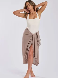 South Beach Taupe Crinkle Viscose Fringed Sarong Cover-Up