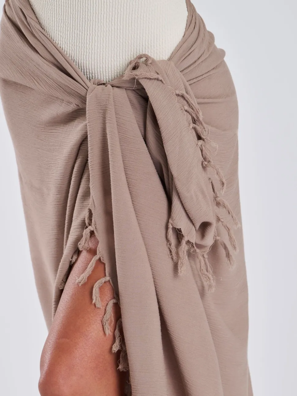 South Beach Taupe Crinkle Viscose Fringed Sarong Cover-Up