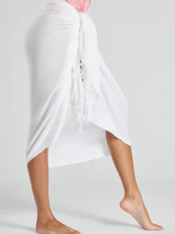 South Beach White Crinkle Viscose Fringed Sarong Cover-Up