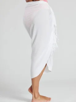 South Beach White Crinkle Viscose Fringed Sarong Cover-Up