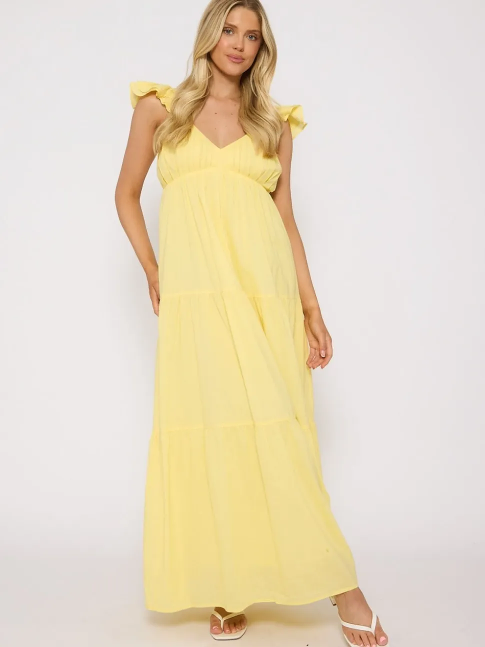 South Beach Yellow 100% Cotton Frill Sleeve Tiered Maxi Dress
