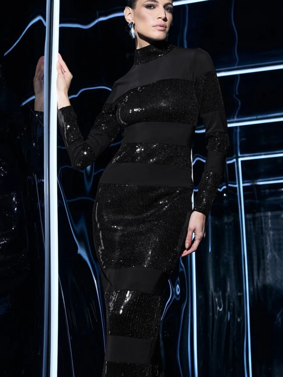Star by Julien MacDonald Black Sequin Stripe Maxi Dress