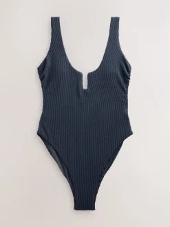 Steel Blue Crinkle Scoop Trim Tummy Control Swimsuit