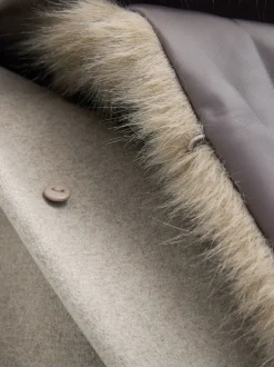 Stone Belted Coat with Faux Fur Detachable Collar