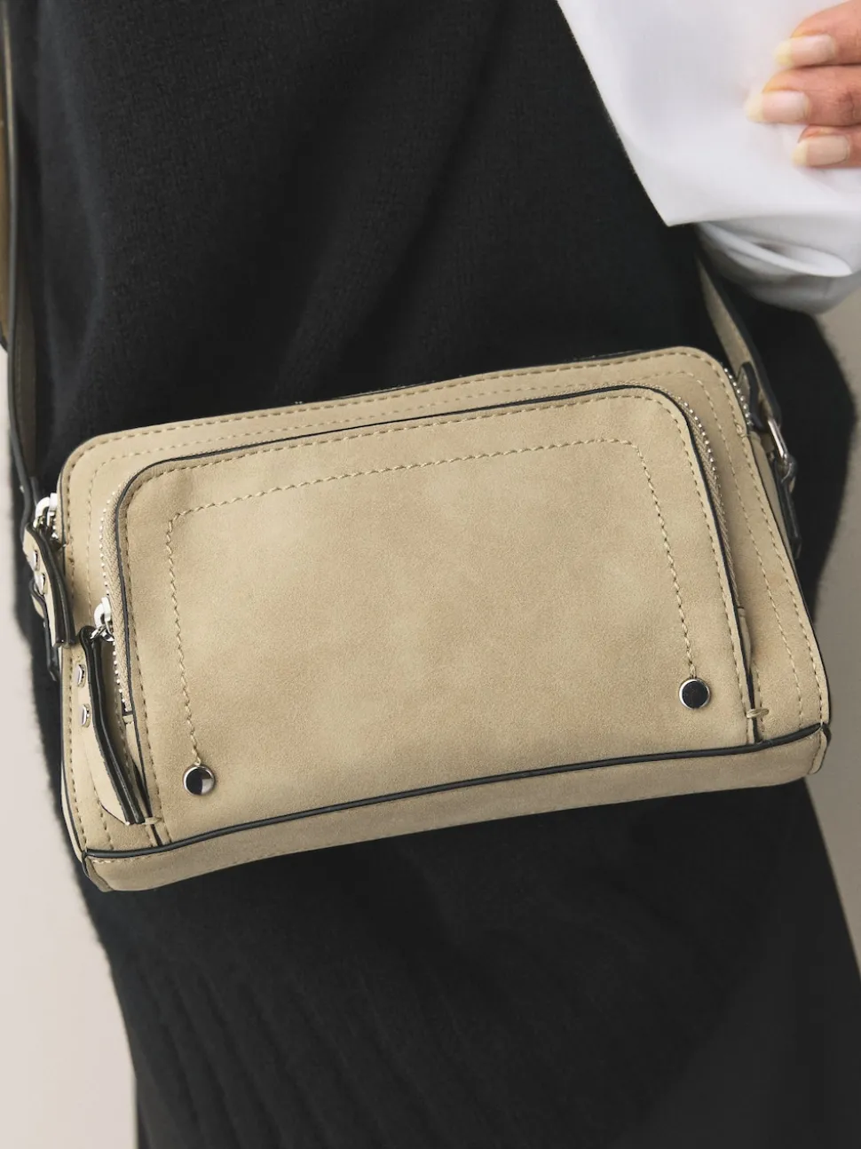 Stone Double Zip Cross-Body Faux Suede Bag
