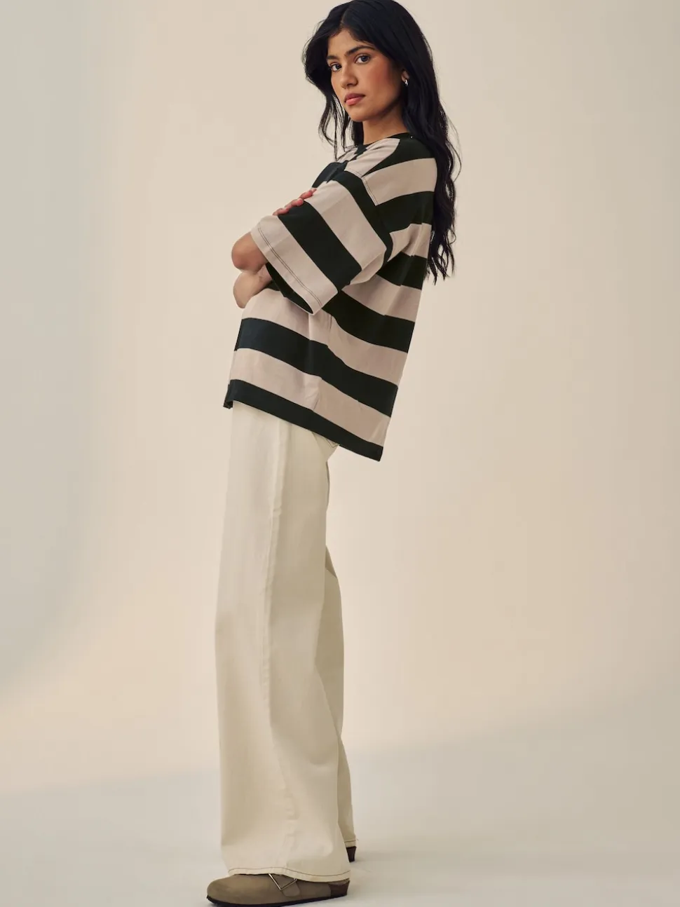 Stone Neutral Stripe Oversized Relaxed Fit Boxy Heavyweight Crew Neck T-Shirt