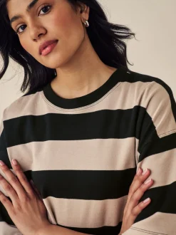 Stone Neutral Stripe Oversized Relaxed Fit Boxy Heavyweight Crew Neck T-Shirt