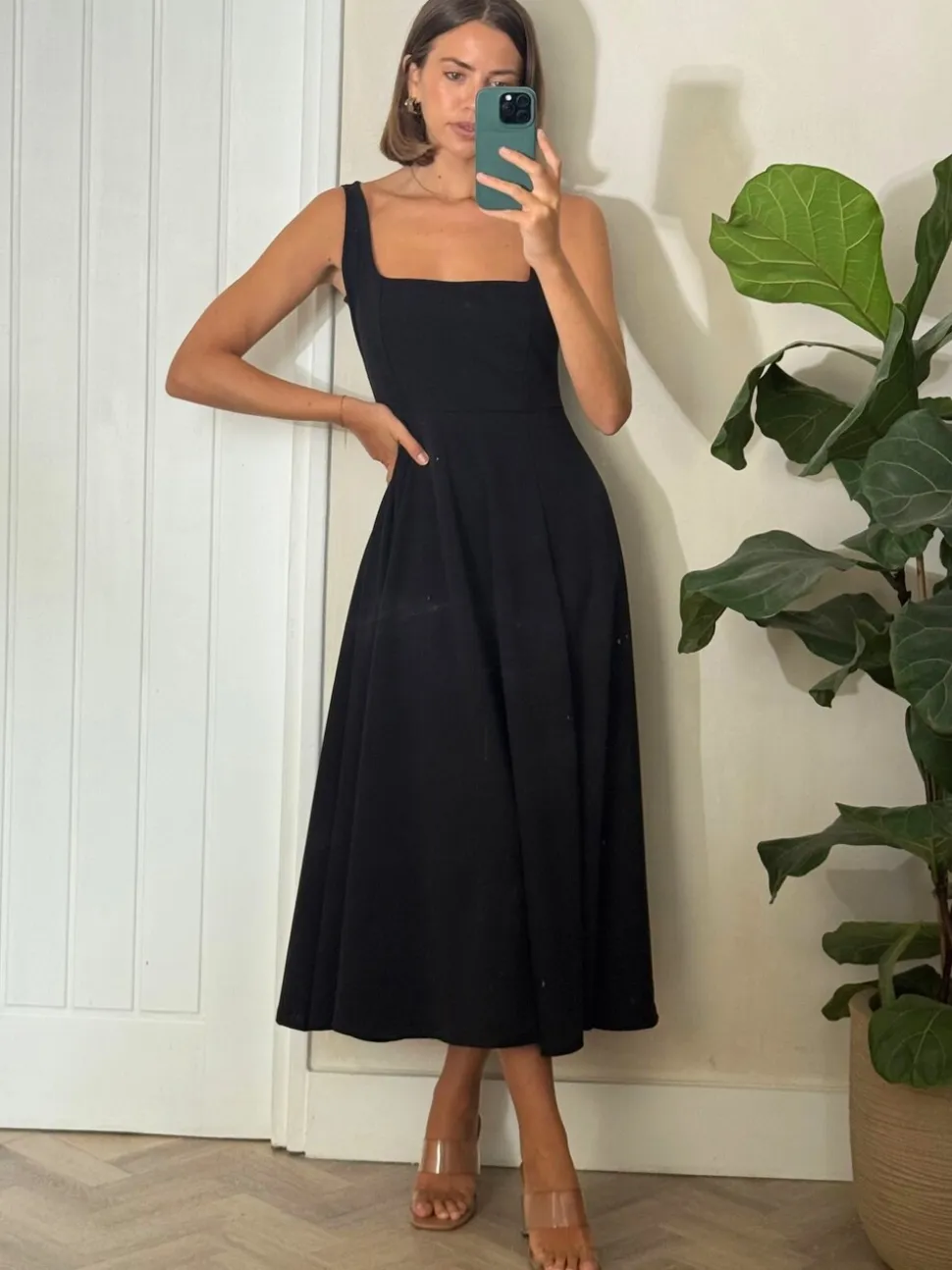 Style Cheat Black Square Neck Fit and Flare Midi Dress