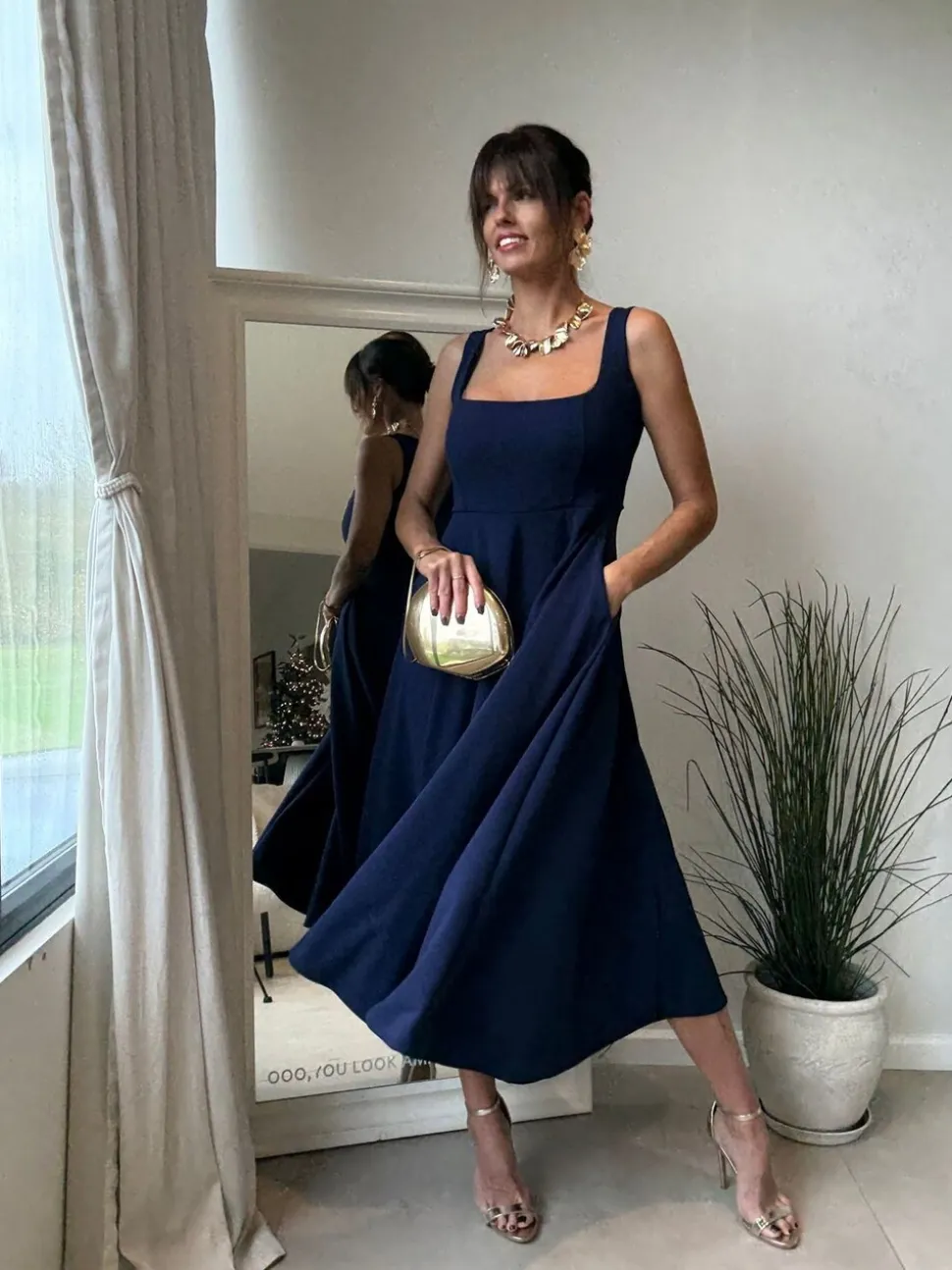 Style Cheat Blue Square Neck Fit and Flare Dress