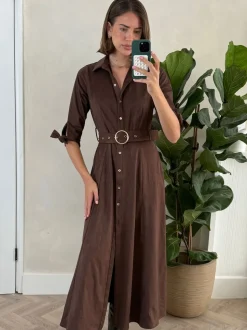 Style Cheat Brown Suedette Daphne Belted Dress