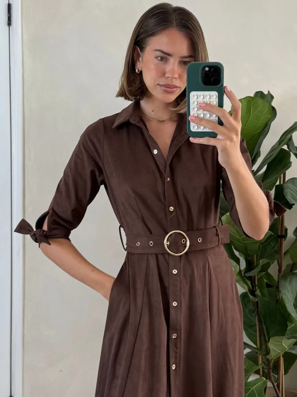 Style Cheat Brown Suedette Daphne Belted Dress