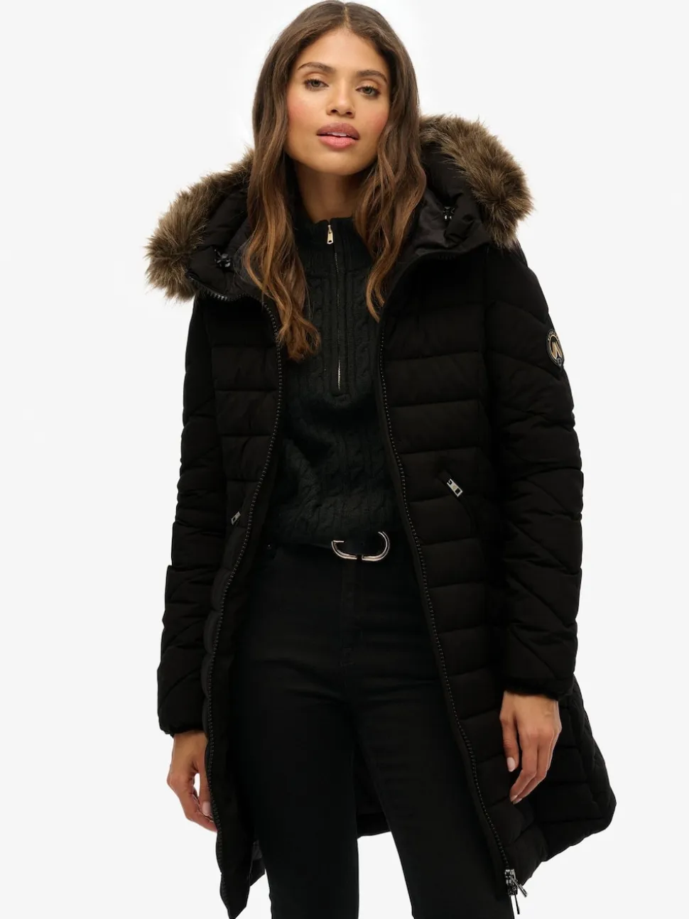 Superdry Black Fuji Faux Hood Mid Length Coat