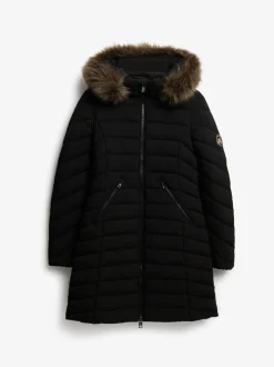 Superdry Black Fuji Faux Hood Mid Length Coat