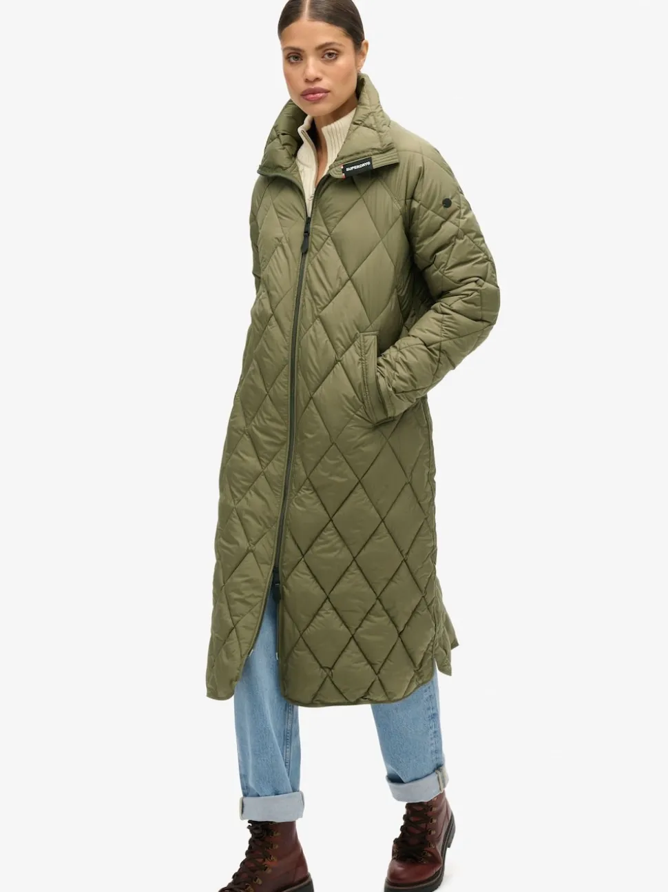 Superdry Chive Green Superlong Quilt Liner Coat