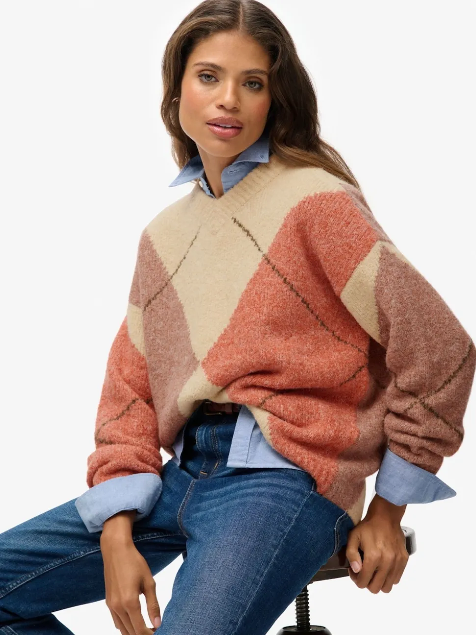 Superdry Cream Oversized Argyle V-Neck Jumper