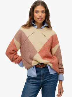 Superdry Cream Oversized Argyle V-Neck Jumper