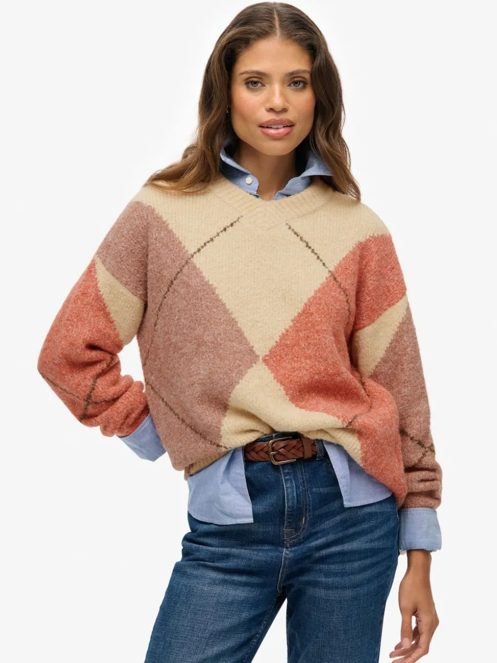 Superdry Cream Oversized Argyle V-Neck Jumper