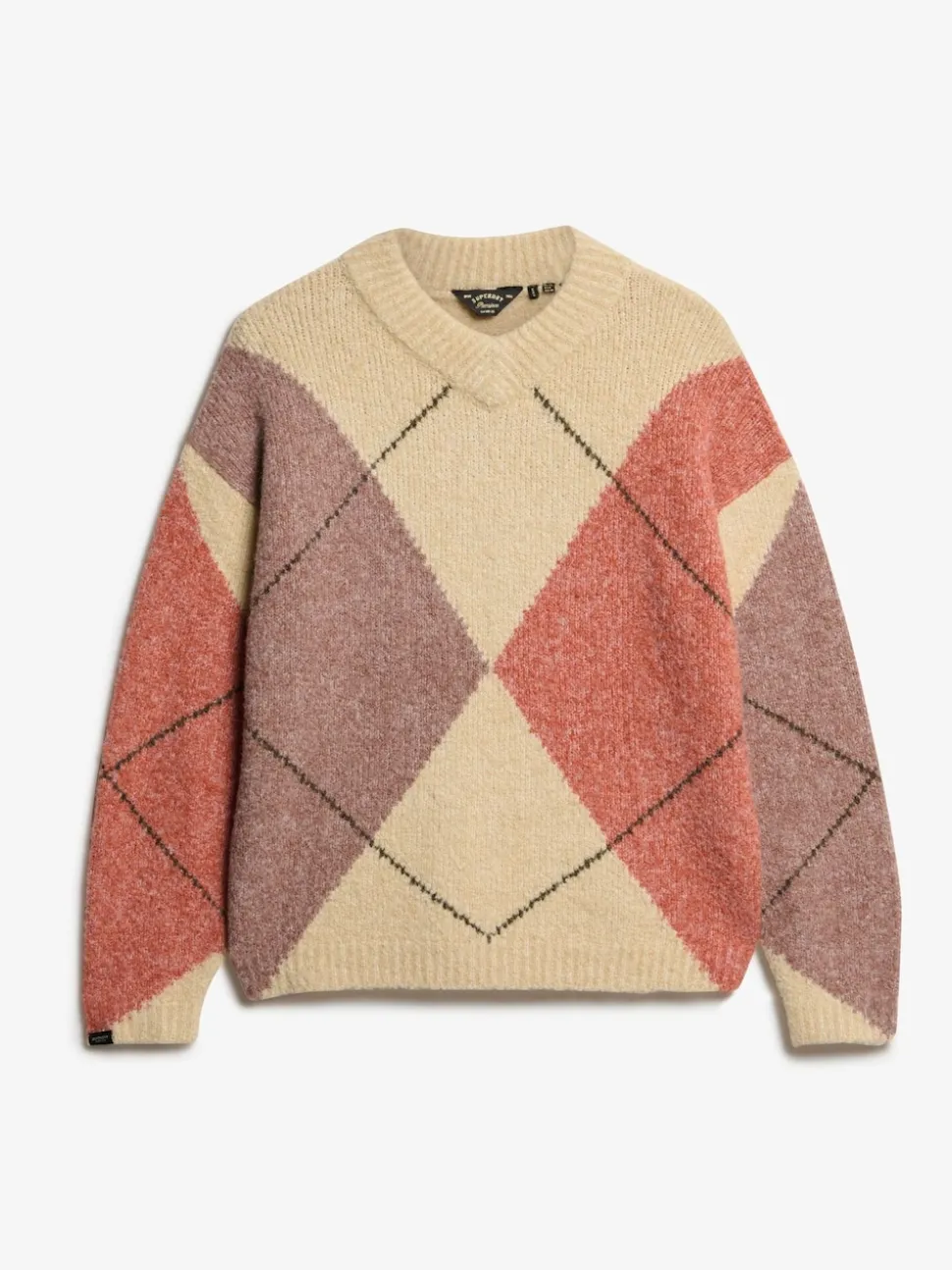 Superdry Cream Oversized Argyle V-Neck Jumper