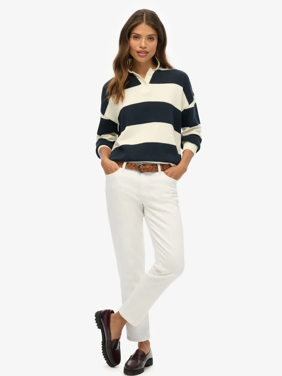 Superdry White/Blue Slouchy Striped Rugby Knitted Jumper