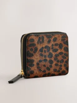 Tan Brown Animal Print Leather Hair On Zip Around Purse