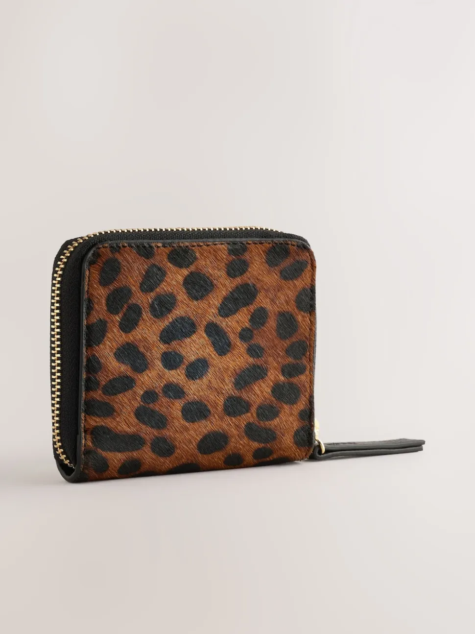 Tan Brown Animal Print Leather Hair On Zip Around Purse