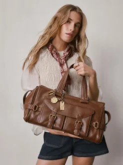 Tan Brown Charm Buckle Hand Held Bag