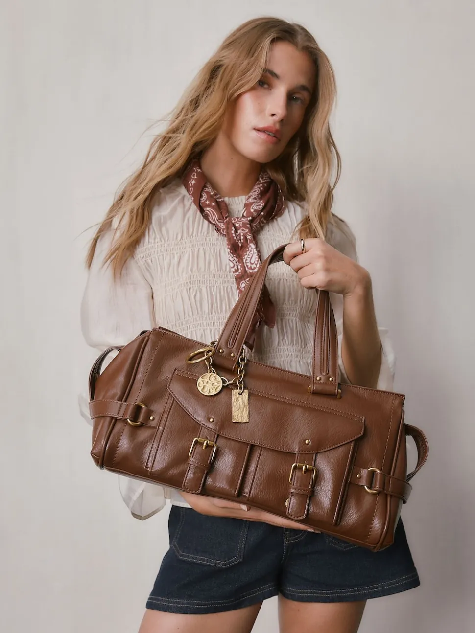 Tan Brown Charm Buckle Hand Held Bag