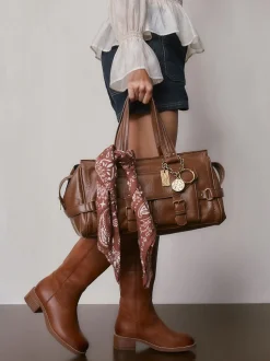 Tan Brown Charm Buckle Hand Held Bag