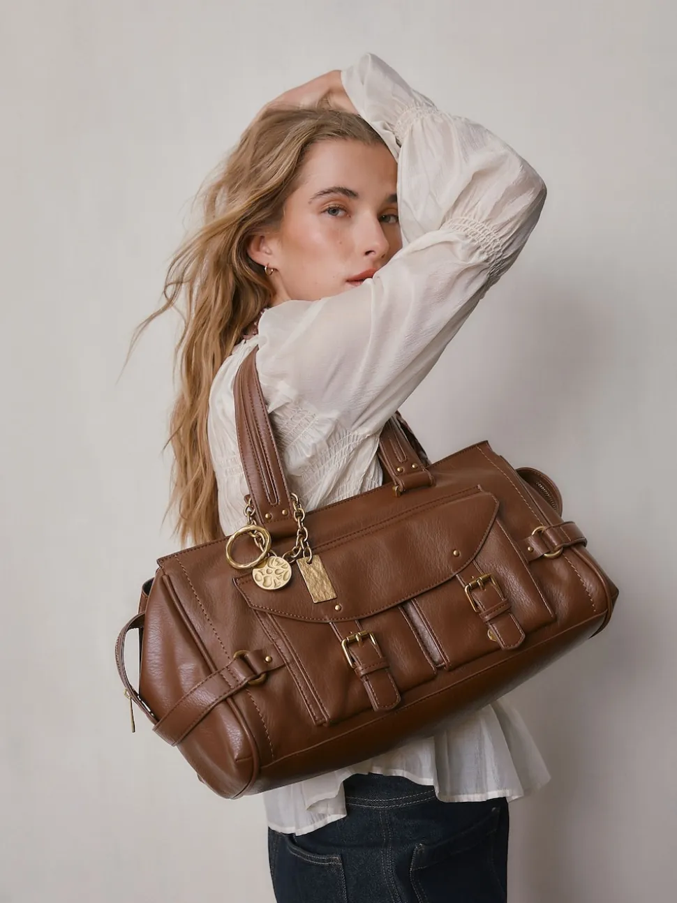 Tan Brown Charm Buckle Hand Held Bag