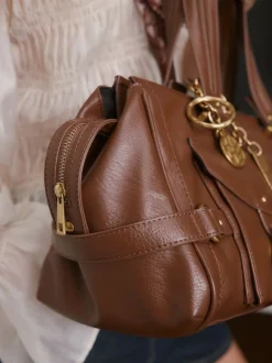 Tan Brown Charm Buckle Hand Held Bag