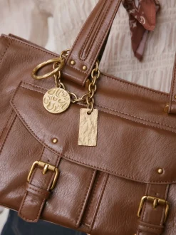 Tan Brown Charm Buckle Hand Held Bag