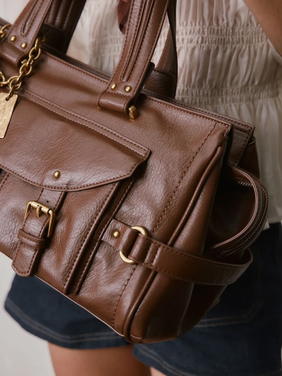 Tan Brown Charm Buckle Hand Held Bag