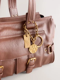 Tan Brown Charm Buckle Hand Held Bag