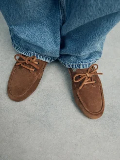 Tan Brown Extra Wide Fit Leather Round Toe Boat Shoes