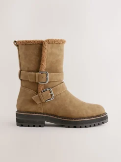 Tan Brown Extra Wide Fit Forever Comfort® Double Buckle Faux Fur Lined Ankle Boots