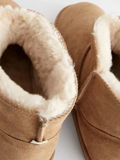 Tan Brown Faux Fur Lined Suede Slipper Boots