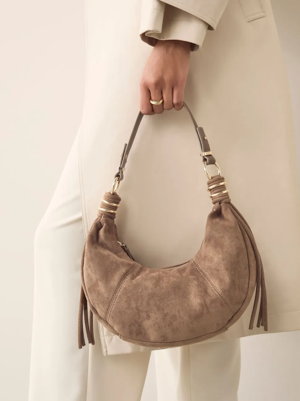 Tan Brown Faux Suede Sling Shoulder Bag