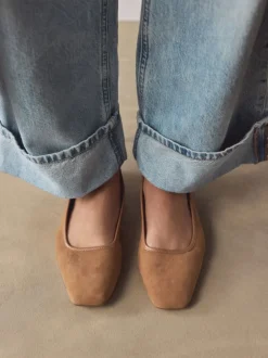 Tan Brown Forever Comfort® Leather Square Toe Ballerina Shoes