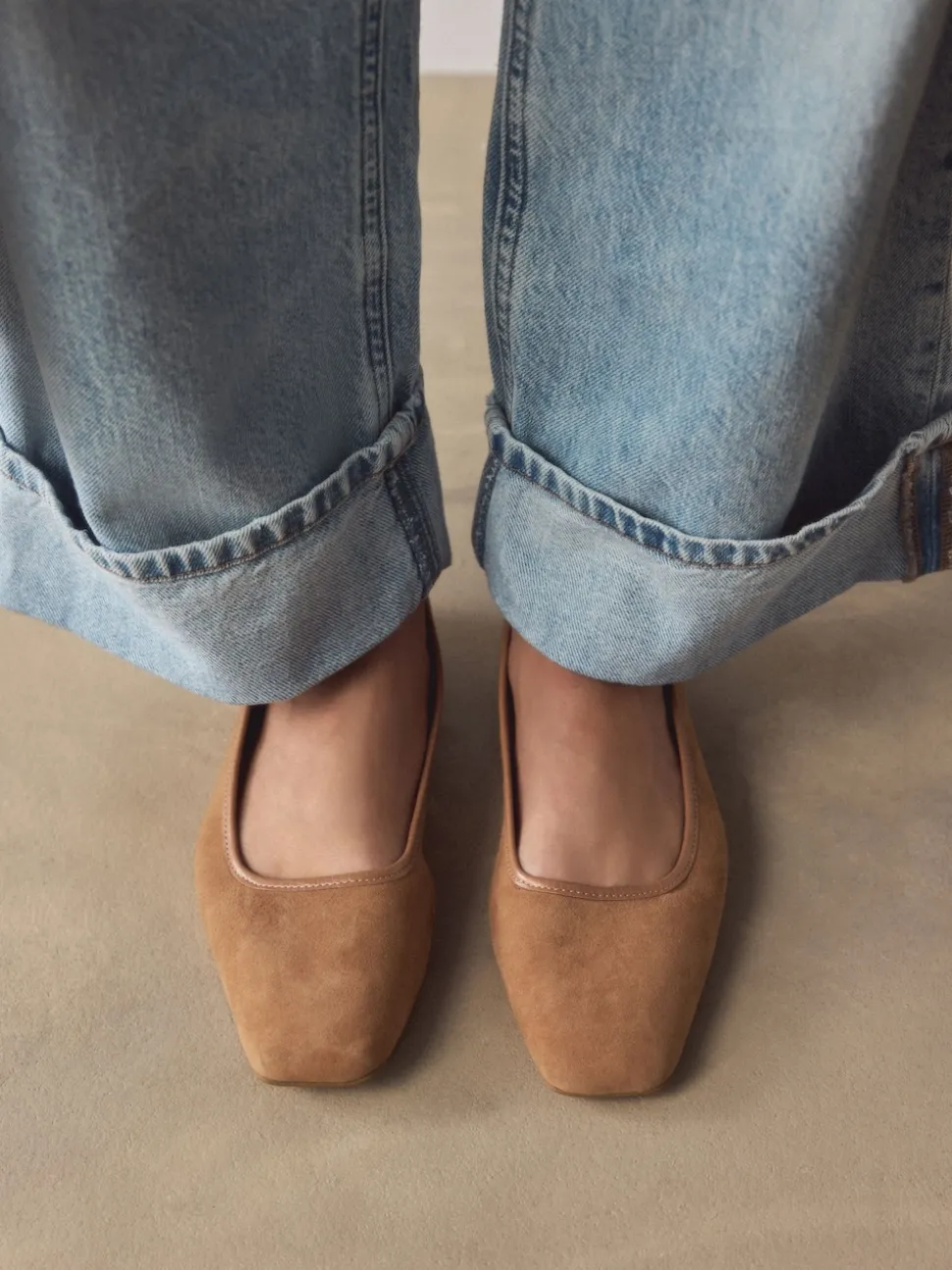 Tan Brown Forever Comfort® Leather Square Toe Ballerina Shoes