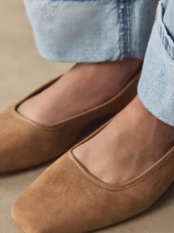 Tan Brown Forever Comfort® Leather Square Toe Ballerina Shoes