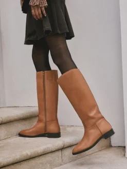 Tan Brown Leather Extra Wide Fit Forever Comfort® Flat Riding Boots