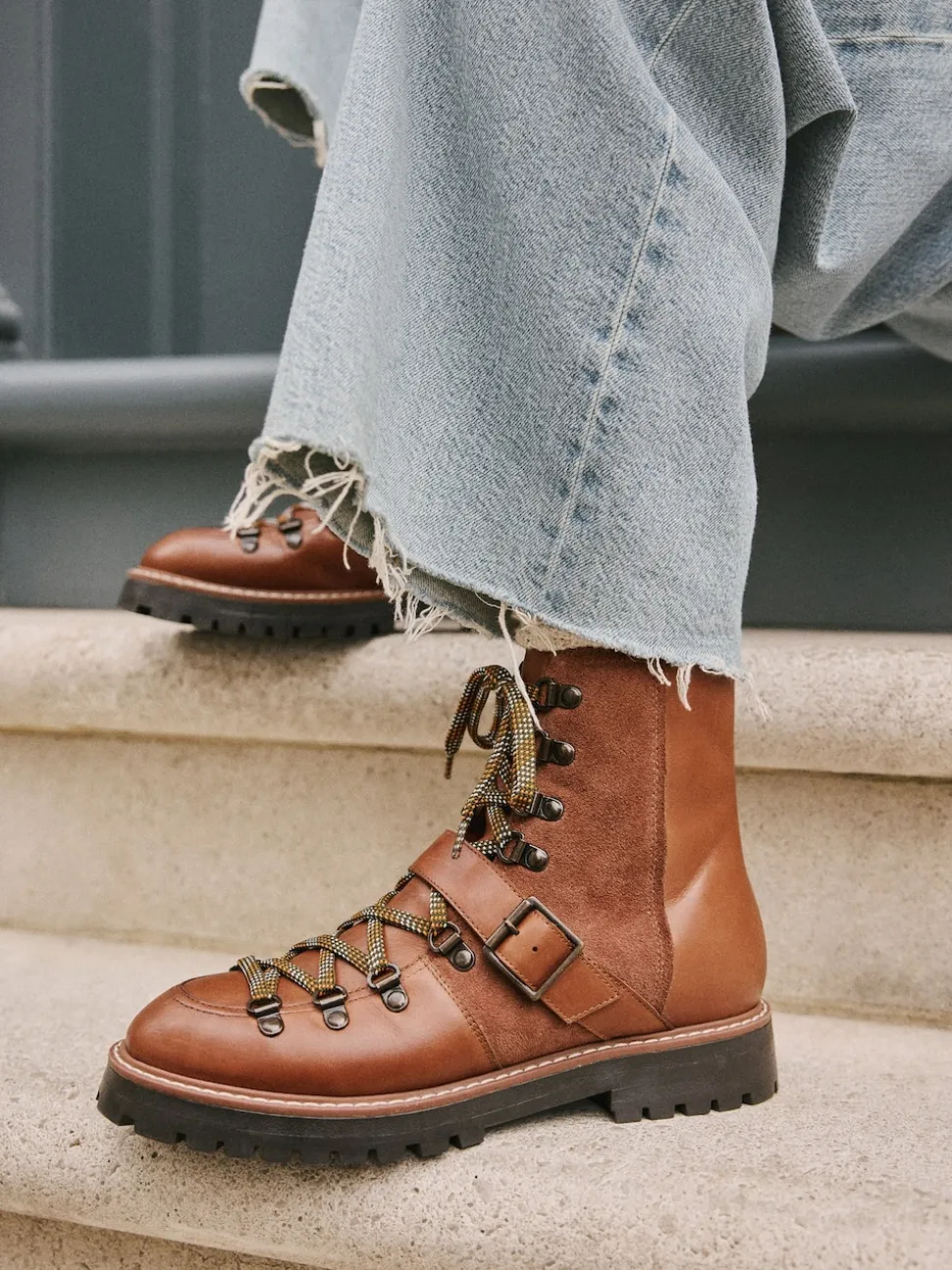 Tan Brown Leather Forever Comfort® Buckle Trim Lace Up Boots