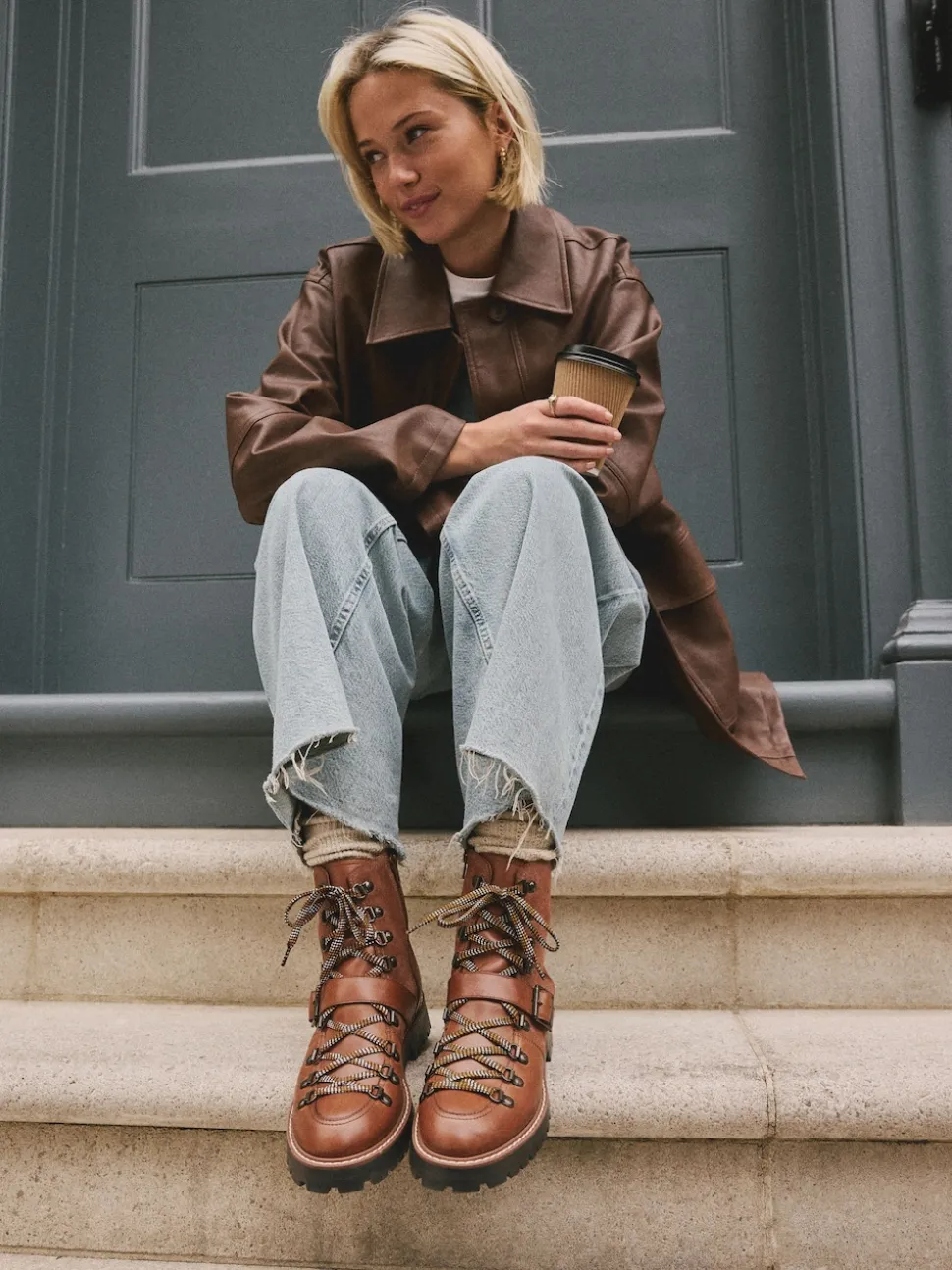 Tan Brown Leather Forever Comfort® Buckle Trim Lace Up Boots
