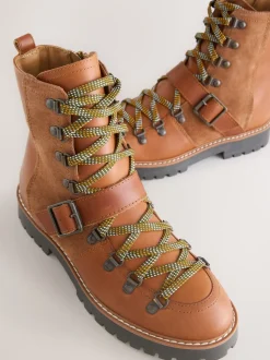 Tan Brown Leather Forever Comfort® Buckle Trim Lace Up Boots