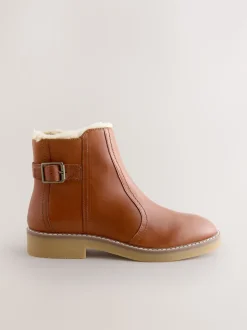 Tan Brown Leather Forever Comfort® Faux Fur Lined Buckle Trim Ankle Boots