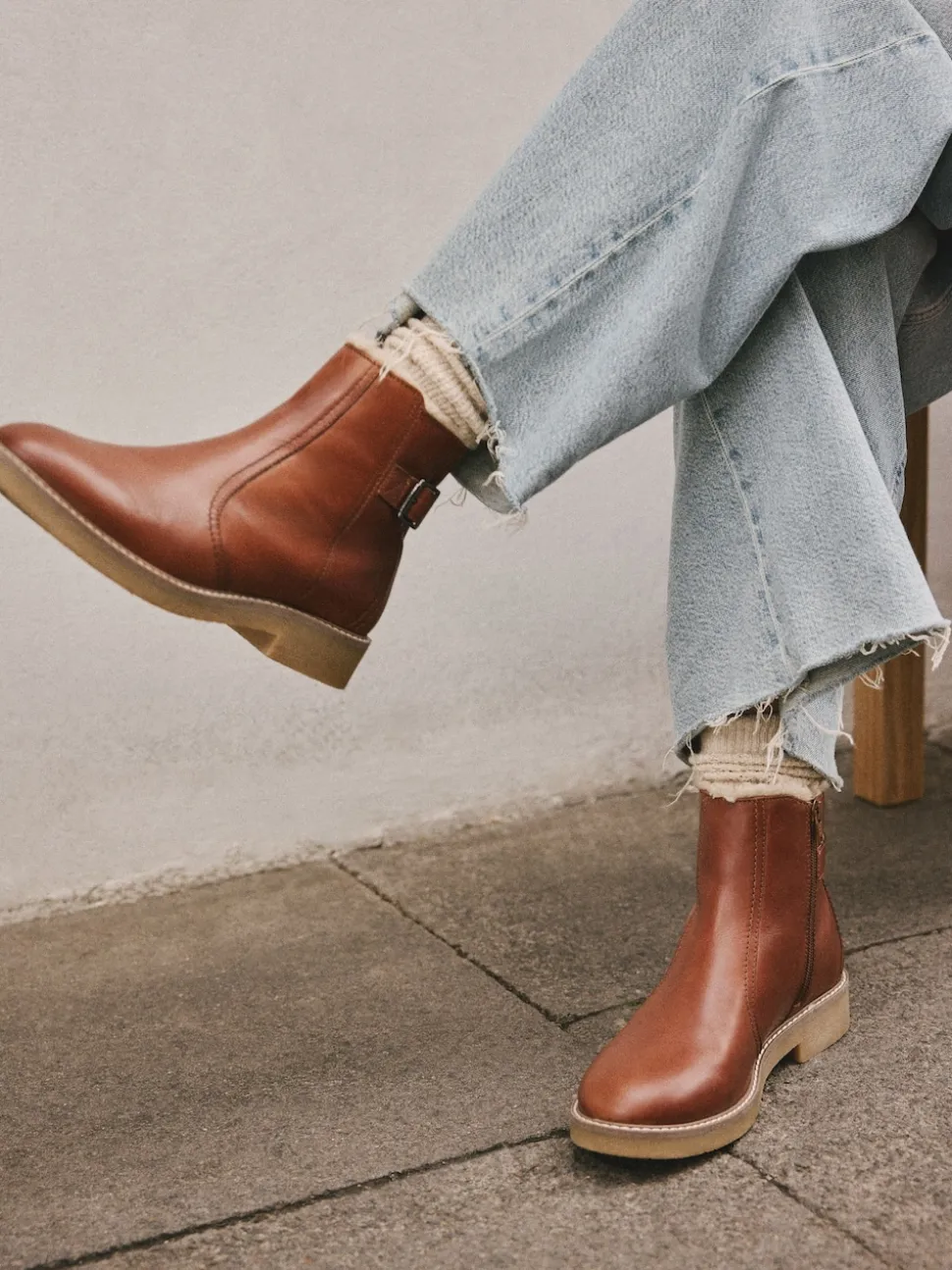 Tan Brown Leather Forever Comfort® Faux Fur Lined Buckle Trim Ankle Boots
