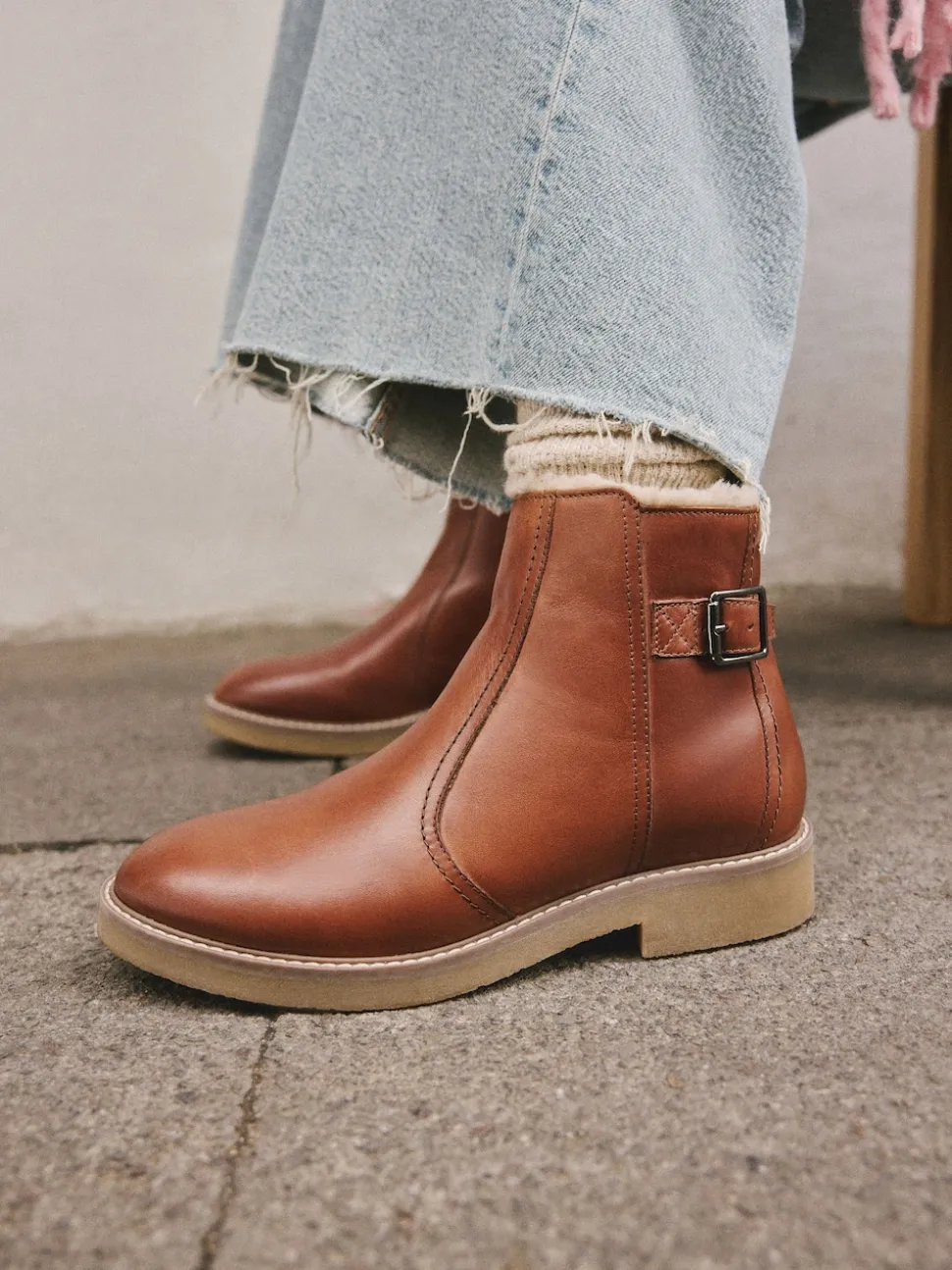 Tan Brown Leather Forever Comfort® Faux Fur Lined Buckle Trim Ankle Boots